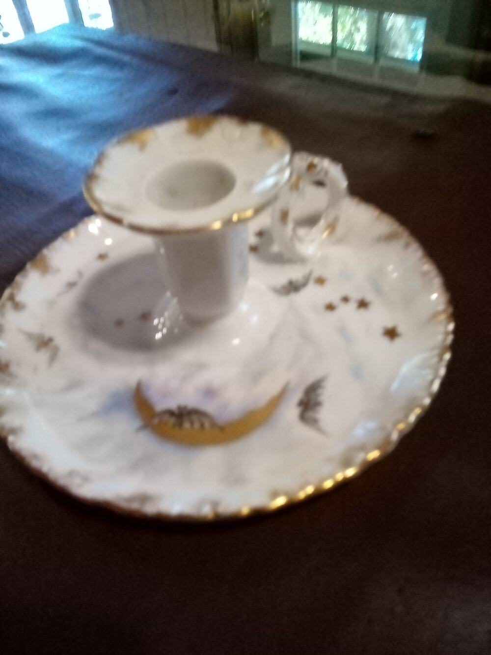 Antique Porcelain ChamberStick Candle Holder CFM GDM FRANCE W/ Moon,Star,Bat